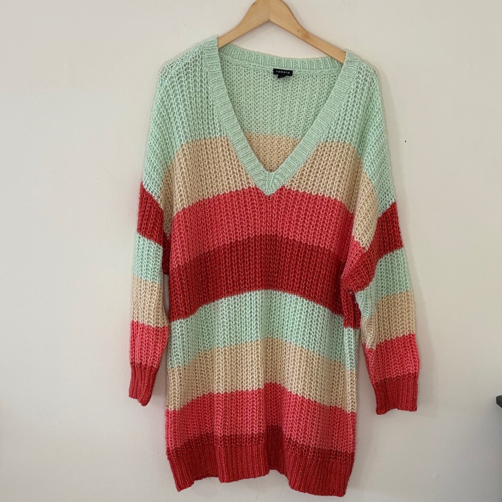 Torrid Rainbow Striped Chunky Knit Tunic Sweater Oversized V Neck Cozy Whimsy 3X
